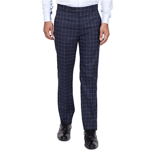 Blue Check Stretch Trouser Terry Rayon Slim Fit