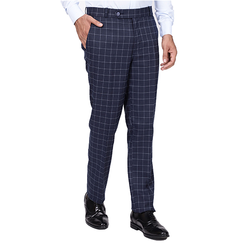 Blue Check Stretch Trouser Terry Rayon Slim Fit