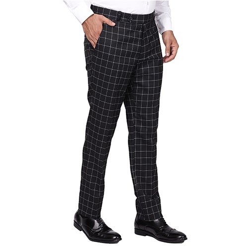 Black Check Stretch Trouser Terry Rayon Slim Fit