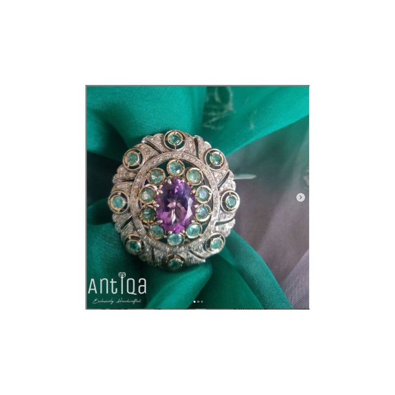 Ring Studded With Natural Amethyst,Emerald & Melle Diamonds