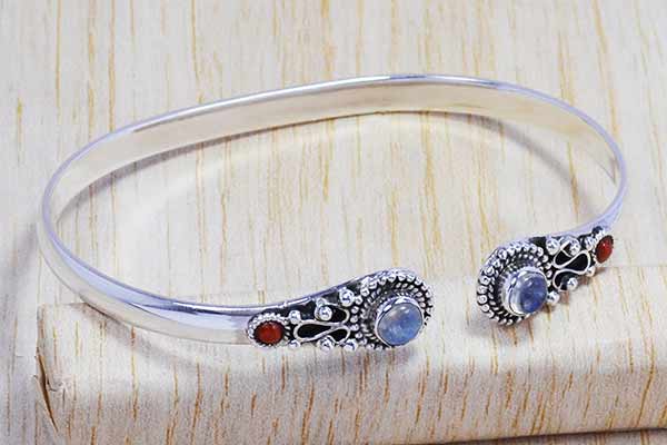 Rainbow moonstone And Coral Silver Bangle