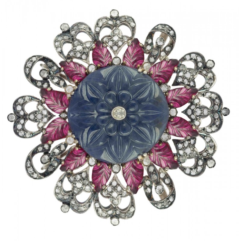 Mesmerizing Round Sapphire, Ruby & Diamond Brooch Cum Pendant