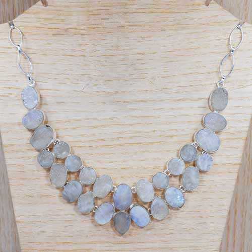 Rough Rainbow moonstone Silver Necklace