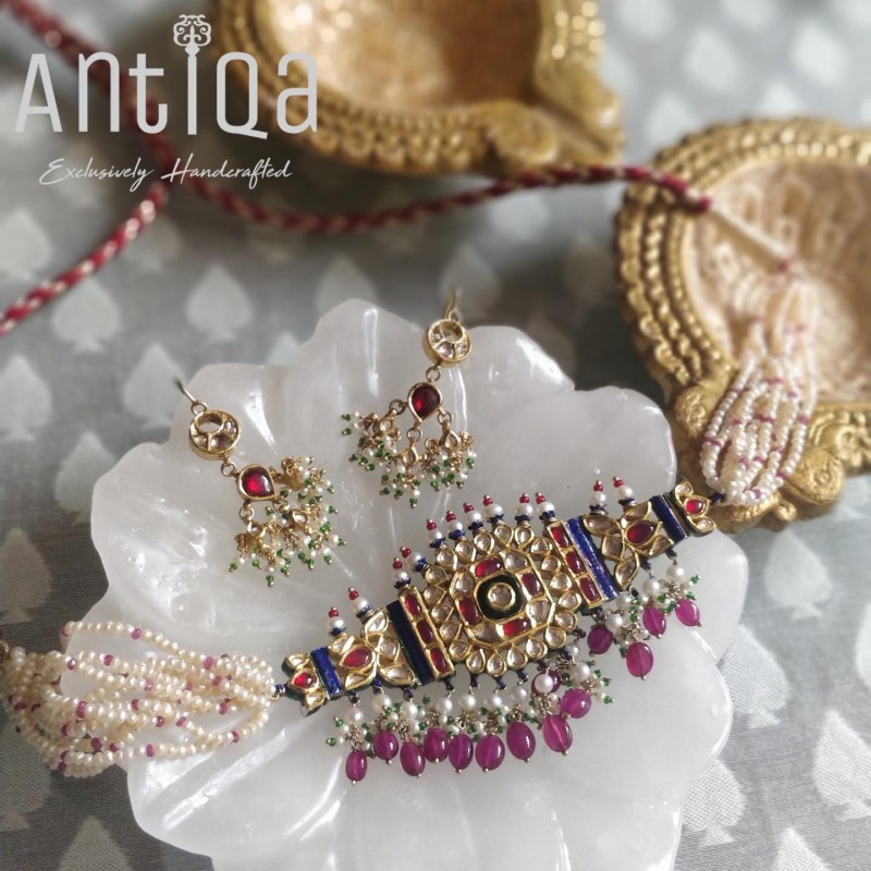 Chocker Necklace Studded With Top Quality Rubies, Polki And Pearls.